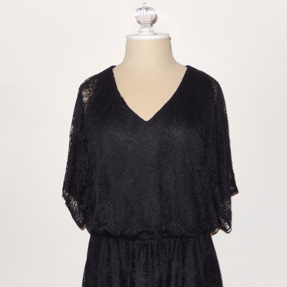 New Alfani Petite Small PS Black Lace V Neck Batwing Blouson Dress from Macy's - Picture 4 of 9